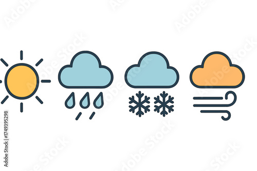 Simple set of four weather forecast symbols showing sunny rainy snowy and windy conditions for application interfaces and web design