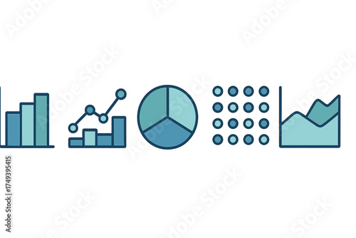 Collection of business data visualization charts and graphs icons in blue tones