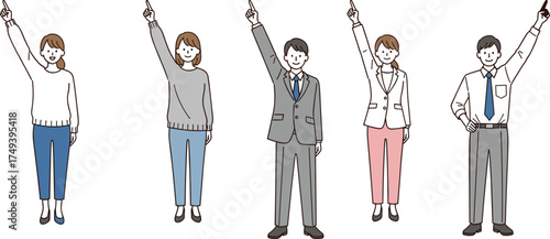 Diverse group of people pointing upward in teamwork gesture, business collaboration, unity, leadership, motivation, success, corporate presentation concept