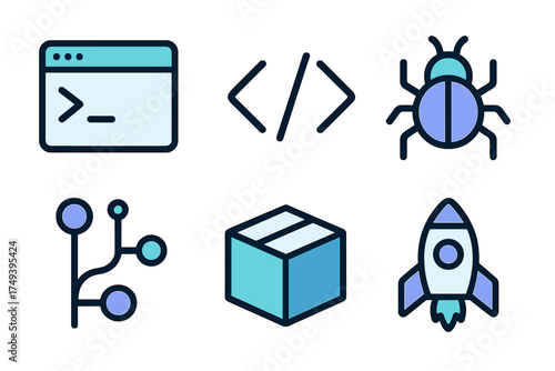 Programming and software development icons set featuring terminal, code, bug, branching, package, and launch symbols