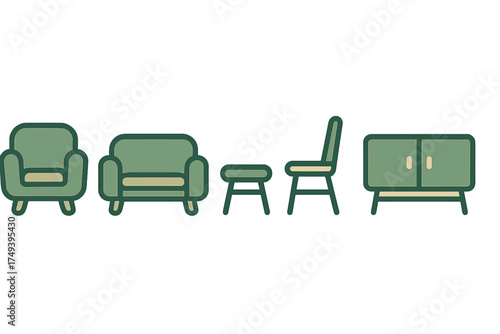 Modern furniture collection including sofa armchair side table chair and storage cabinet