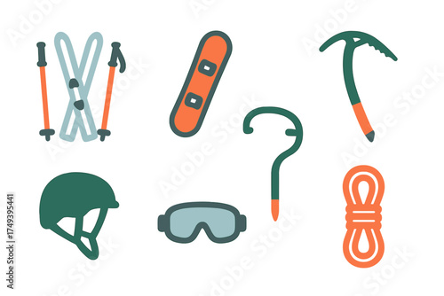 Essential gear set for winter mountain activities skiing snowboarding and ice climbing