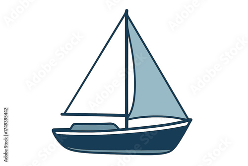 Stylized sailing boat with dark hull and light blue sails on white background