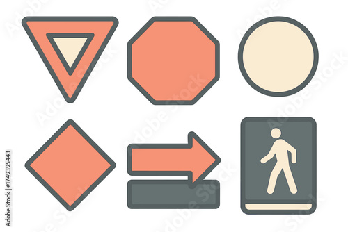 Essential road and warning signs set including stop, yield, and pedestrian crossing symbols