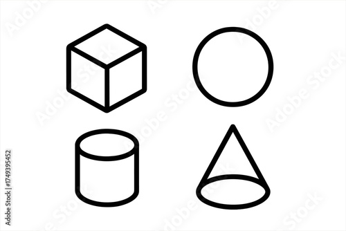 Fundamental geometric shapes collection: cube, sphere, cylinder, and cone outlines