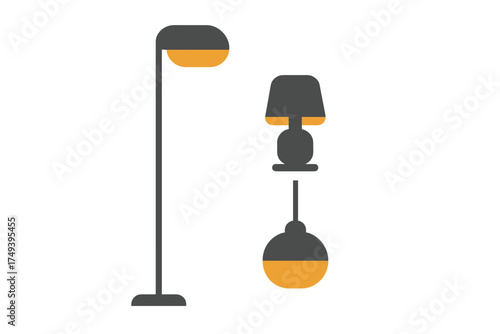 Modern minimalist lighting fixtures set including street, table, and pendant lamps