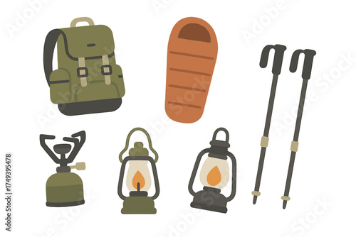 Essential gear for outdoor adventure including backpack sleeping bag stove lanterns and trekking poles