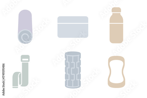 Minimalist collection of fitness and yoga accessories including mat, roller, bottle, and resistance band