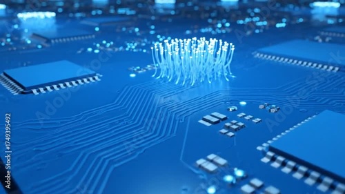 Computer circuit board with glowing elements and data processing