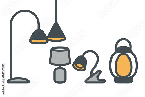 Set of indoor and outdoor lighting fixtures including floor lamps and decorative lantern