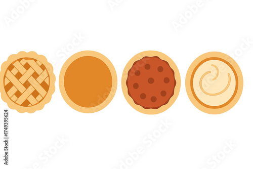 Collection of four sweet dessert pies and tarts viewed from above with various toppings and crusts