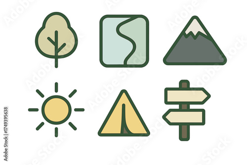 Minimalist set of symbols for outdoor adventure including tree mountain sun and tent