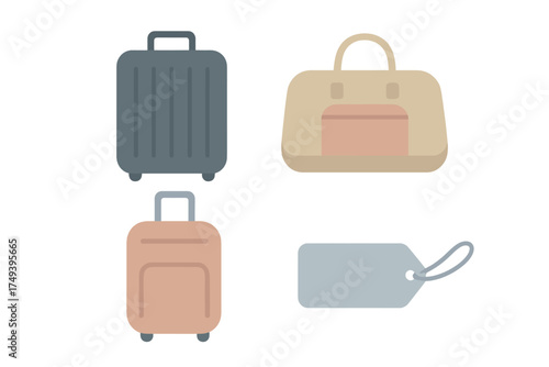 Set of essential travel baggage items including two rolling suitcases, a duffel bag, and a blank tag