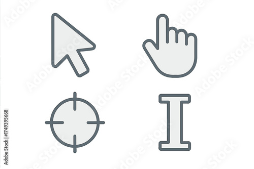 Common computer mouse cursors: arrow pointer, clicking hand, crosshair, and I-beam selector