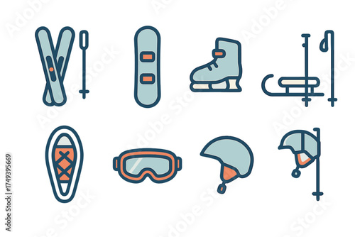 Set of winter sports equipment items: skis, snowboard, ice skates, sled, helmet, and goggles