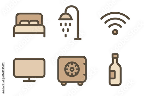 Hotel amenities set featuring bed, shower, WiFi, television, safe, and beverage bottle symbols