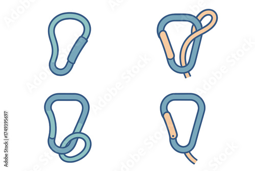 Set of climbing carabiners with safety knots and rope attachments used for mountaineering and rock climbing