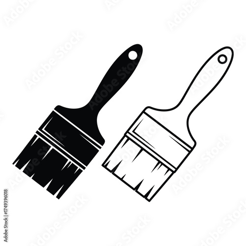 Two paint brushes one solid black filled silhouette another outline drawing for diy projects and artistic creation silhouette