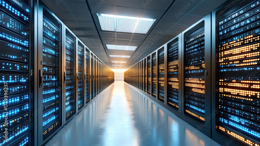 Fototapeta premium High tech data center with rows of servers, glowing lights, and futuristic atmosphere