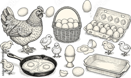 Chicken hen chicks eggs basket carton cracked cooked frying pan soft-boiled baking dish farm food illustration black white drawing
