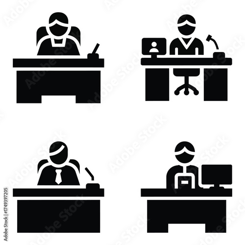Professional office work set four silhouettes of people at desks with computers microphones and pens representing business and administration silhouette
