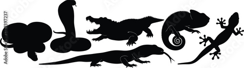 Black silhouettes of reptiles and amphibians including frog, cobra, crocodile, chameleon, gecko, and monitor lizard isolated vector illustration