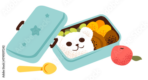 Flat vector illustration of a healthy kids lunchbox with rice, rissole and vegetables. Healthy eating, kids nutrition, and sustainable living concepts.