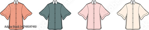 Collection of four different colored short-sleeved shirts displayed on hangers, showcasing variations in apparel design and fashion choices