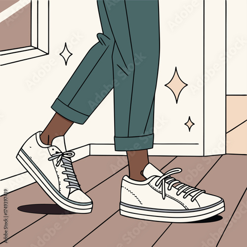 Casual stride: A person strides confidently in a home, wearing stylish sneakers, symbolizing movement and lifestyle
