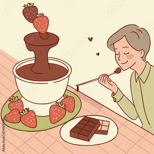 Chocolate Indulgence: A person enjoys a delightful moment of savoring fresh strawberry dipped in a flowing chocolate fountain, a sweet treat of pure bliss.