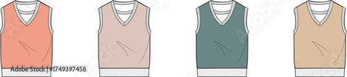 Collection of flat sketch illustrations showcasing various V-neck sweater vests for women in different solid colors, ideal for fashion design, apparel catalogs, and casual layering style guides