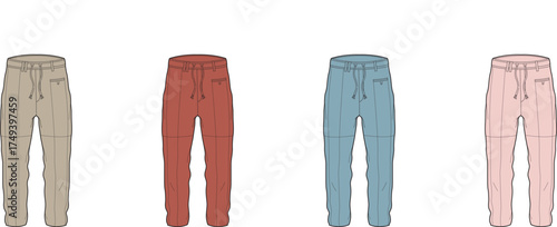 A collection of casual jogger sweatpants in a muted color palette, shown as a fashion technical flat sketch for apparel design and mock-ups