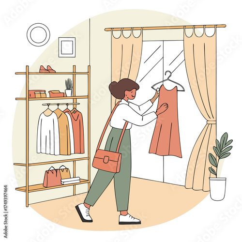 Wardrobe Selection: A stylish individual selects a dress in a bright room, the interior showcases a rack full of clothing and a bag on shoulder ready for outgoing.