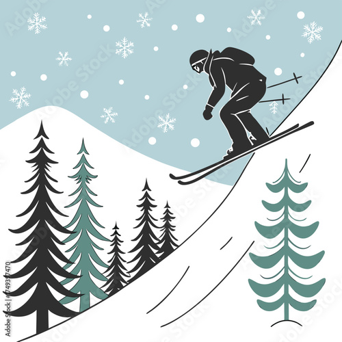 Skiing Downhill in Winter: A silhouette of a skier carves down a snow-covered slope, embraced by the wintery panorama of towering pine trees and a gentle flurry of snowflakes. A scene of action.