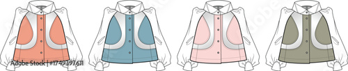 Fashion design of four different colored vests on white background