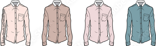 Elegant long-sleeved button-up shirts in a pastel color palette, ideal for illustrating versatile everyday casual and professional fashion apparel designs