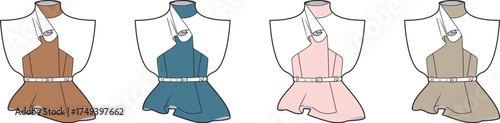 A collection of stylish summer dress designs on mannequins, showcasing four different color variations for boutique fashion and apparel concepts