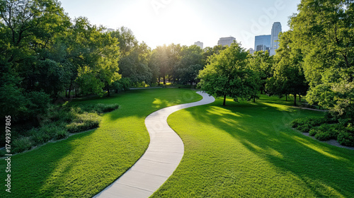 Fototapeta Naklejka Na Ścianę i Meble -  Aerial view of winding pathway through lush green park with sunlight filtering through trees