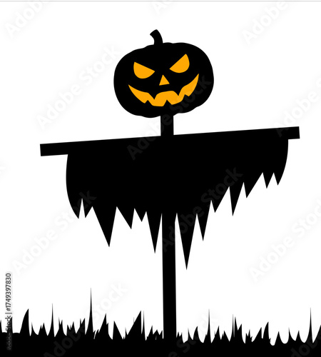 Halloween Scarecrow with Pumpkin Head Silhouette