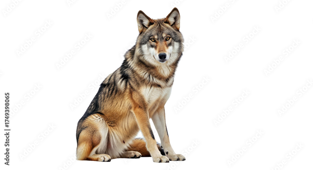 Fototapeta premium Eastern Wolf Sitting Isolated on White, Wild Canine Predator Stock Image