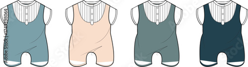 Stylish flat sketches of various baby rompers in a range of pastel and deep hues, featuring a classic collared undershirt for modern infant apparel design and development