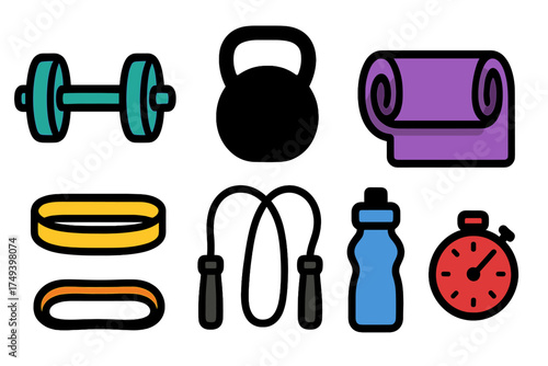 Essential gym and exercise accessories including dumbbell, kettlebell, yoga mat, jump rope, and stopwatch