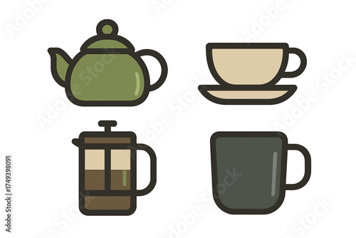 Stylized kitchenware set featuring teapot French press teacup and coffee mug design