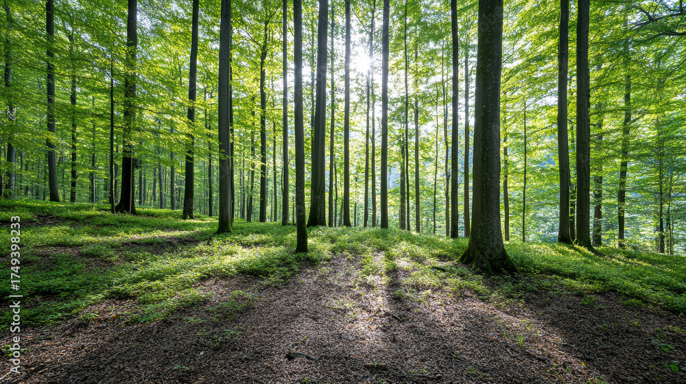 Fototapeta premium Lush green forest with tall trees and sunlight filtering through leaves, creating serene