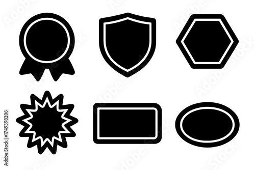 Blank black badge shapes collection featuring shield, rosette, starburst, hexagon, and oval frames