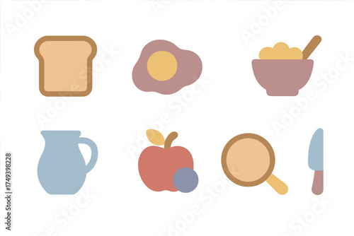 Minimalist set of morning meal elements featuring toast fried egg cereal fruit pitcher and kitchen tools