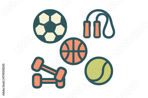 Set of sports and fitness equipment icons including balls, dumbbells, and jump rope for exercise and healthy living