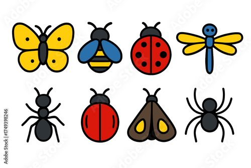 Set of eight colorful garden insects and arthropods in modern flat style