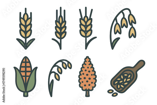 Stylized icons representing essential cereal grains used in food production and agriculture