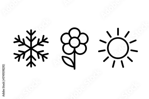 Minimalist line elements representing seasonal weather: snowflake, flower, and sun symbols
